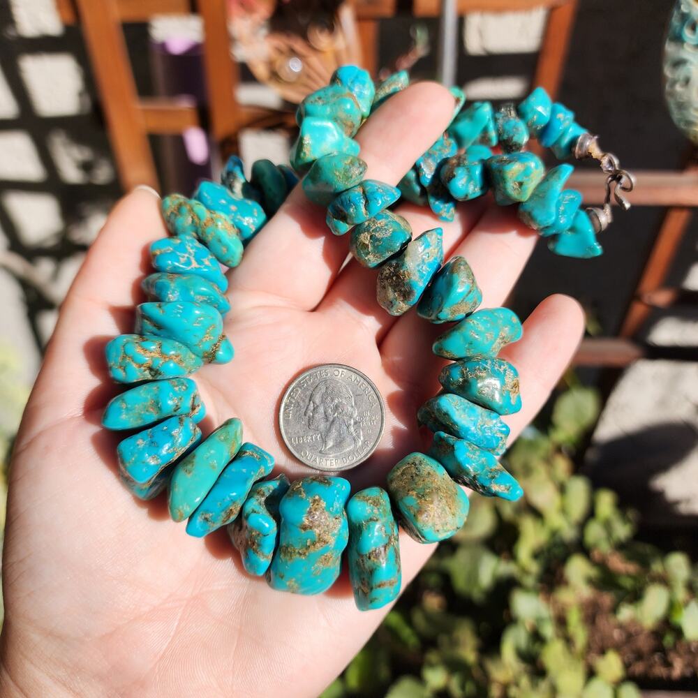 Vtg Santo Domingo Kingman Turquoise Necklace Blue Chunk Nugget Kewa Native Pawn - Picture 11 of 17